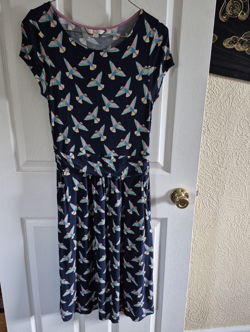 Boden Amelie Navy Bird-Print Short Sleeve Fit & Flare Dress Knee Length Size 2